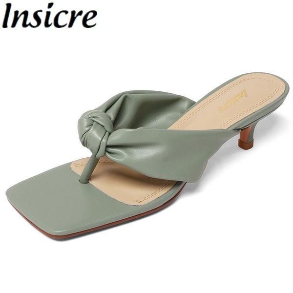 

sandals insicre romantic square pinch toe slippers wrinkle band women 2021 summer middle heel elegant female flip flops, Black
