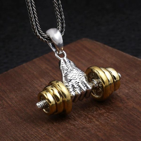 

chains classic fashion design fitness master holding dumbbell metal pendant men's punk locomotive necklace jewelry gift, Silver