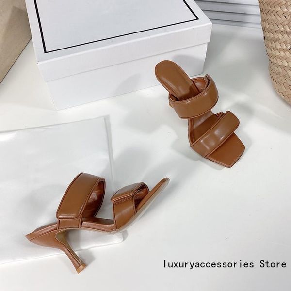 

fashion luxury women slippers genuine leather sandals square open toe med heel slip casual 2021 summer shoes, Black