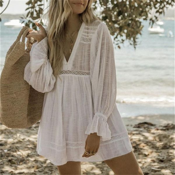 

women's swimwear 2021 deep v bikini cover up beach bamboo joint lace loose dress women swimsuit cover-up bathing suit, White;black