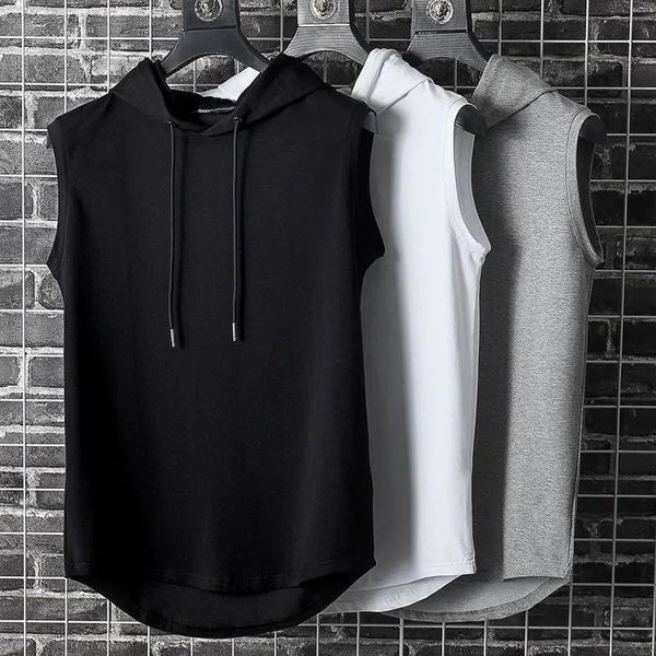 

men' tank 2021summer mens muscular hoodie vest sleeveless bodybuilding gym workout fitness shirt hip hop sweatshirt, White;black