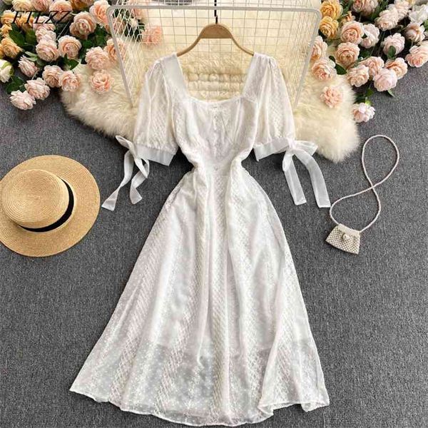 

summer women vintage embroidery square collar long dress ladies lace high waist a-line slim elegant dresses 210430, Black;gray