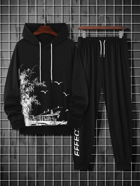 

men scenery print drawstring hoodie & letter graphic sweatpants v19y#, Gray
