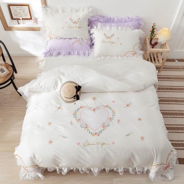 

bedding sets 100% cotton love floral embroidery princess set double lace duvet cover bed linen skirt pillowcases textile home