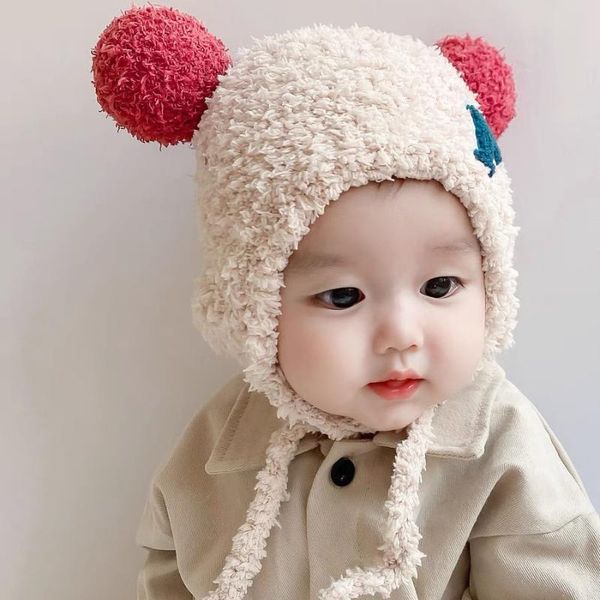 

hair accessories baby hat winter korean cute letters boy and girl kid born bonnet solid color ear protection children beanie cap unisex, Slivery;white