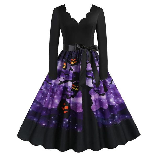 

casual dresses fashion elegant simple a line slim dress women's v-neck halloween decoration printed vintage costume for women, Black;gray