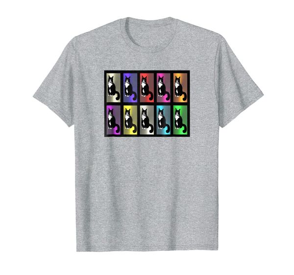 

tuxedo cat color series in metallic rainbow grid t-shirt, White;black