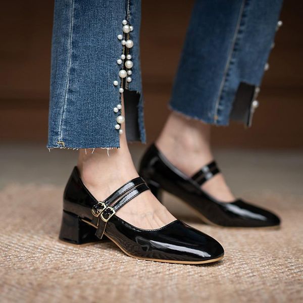 

women dress shoes square toe mary janes double buckle mid heels pumps office female shoe zapatos mujer spring autumn 8827g, Black