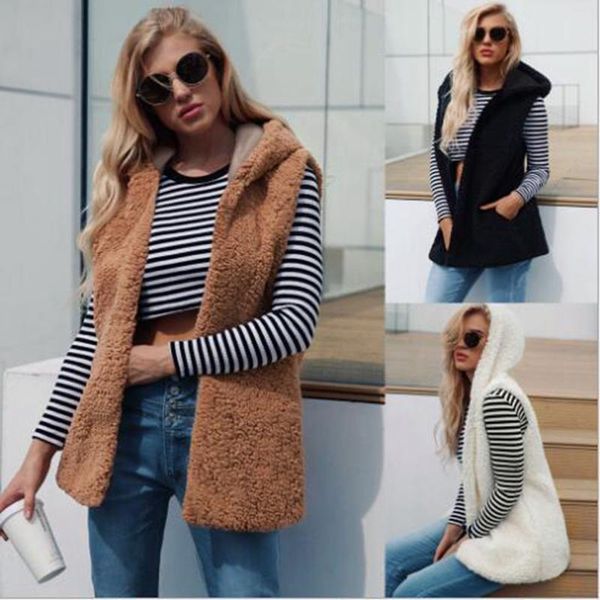 

women's vests xxxl 2021 brand autumn winter women vest coat waistcoat lady office casual sleeveless fluffy warm hooded outwear female, Black;white