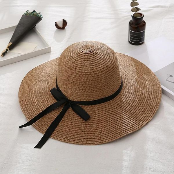 

wide brim hats women summer travel beach casual temperament uv protection bowknot straw hat sun cap 2021, Blue;gray