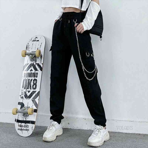 

women pants big pockets cargo pants high waist baggy tactical trouser loose streetwear hip hop joggers women, Black;white