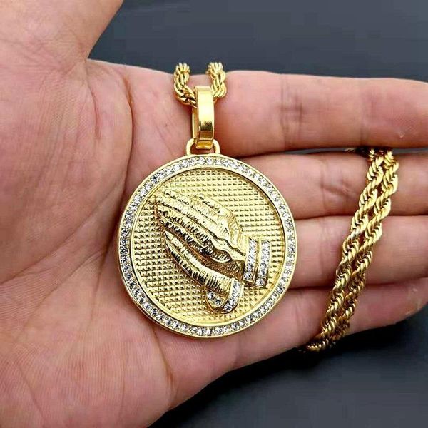 

pendant necklaces 2021 the praying hands pendants & brother gift gold crystal hip hop men chain jewelry long party, Silver