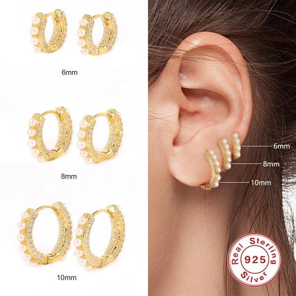 

hoop & huggie aide 6mm/ 10mm 925 sterling silver earrings for women 2021 trend pendiente plata pearl earring jewelry brincos, Golden;silver