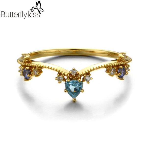 

cluster rings bk 925 sterling silver for women girl natural swiss blue z geometric wedding engagement party gemstone jewelry, Golden;silver