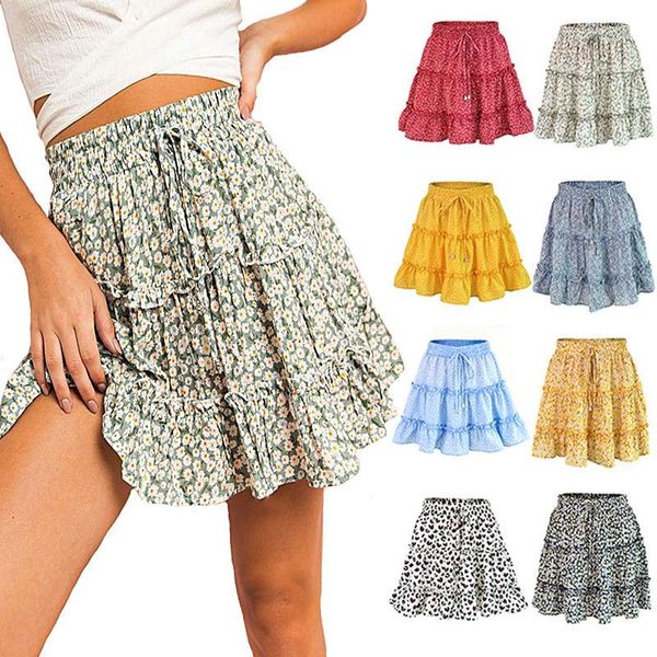 

skirts summer women elastic high waist ruffled floral printed beach a-line short skirt tether folds safety lining cute small fresh, Black