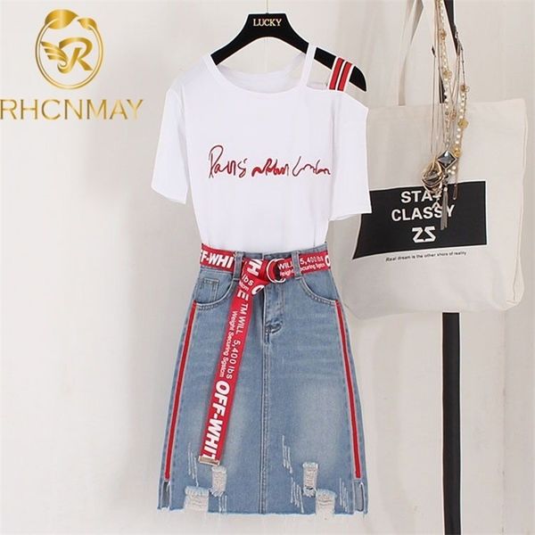 

summer women 's denim skirt suit embroidery letter slash neck t-shirt + sashes tassel jean 2 piece set 210520, White