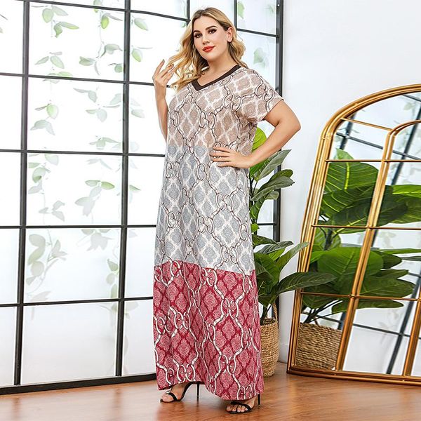 

ethnic clothing lates summer plus size europe women dress, lace v-neck, loose positioning printing long skirt, Red
