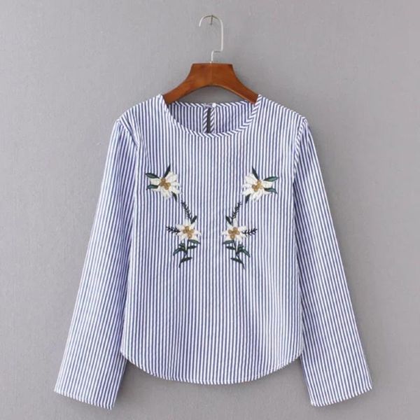 

women's blouses & shirts fashion women flower embroidery stripe vintage smock long sleeve blouse casual s1167, White