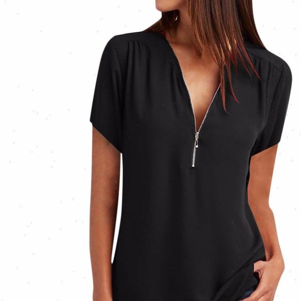 

4xl women t shirts summer chiffon 5xl plus size v neck zipper irregular loose shirt streetwear ladies tees clothing, White