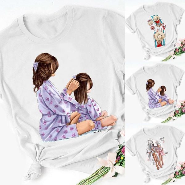

ladies fashion casual mother's day cartoon print short-sleeved t-shirt korean style summer chic 2021 t-shi women's, White