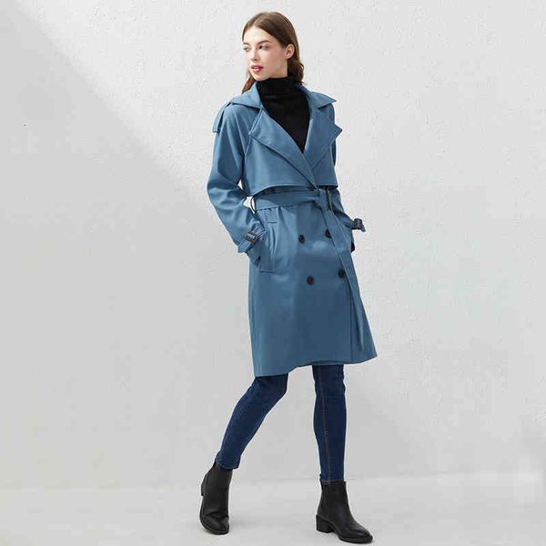 

women's fur & faux spring autumn double breasted long trench lapel jacket women vintage belt coat cloak windbreaker outwear blue p, Black