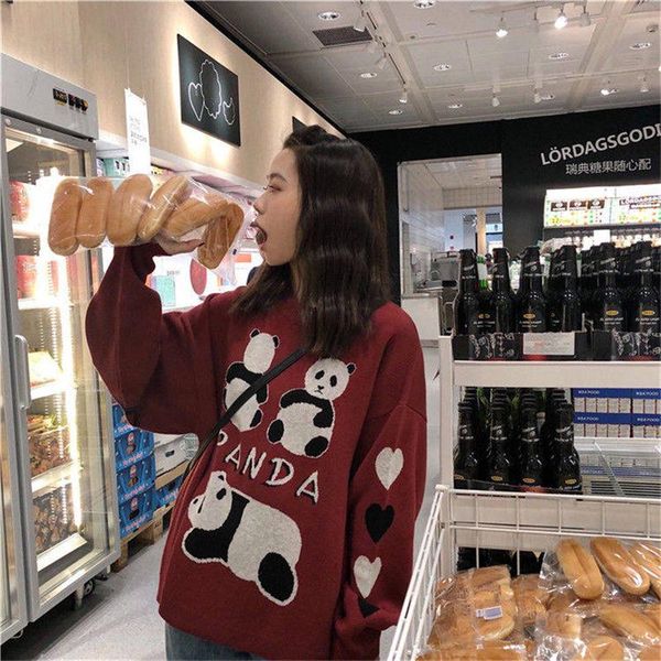 

women's sweaters korean fashion ladies full sleeve women high street knitting sweater o-neck pullover loose cute animal panda print, White;black