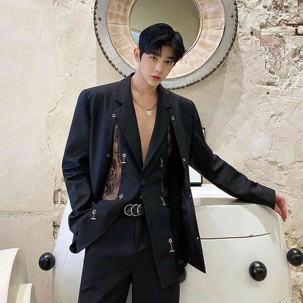 

men's suits & blazers splice lace metal chain buckle casual black suit jacket man streetwear vintage coat stage clothing a97h, White;black