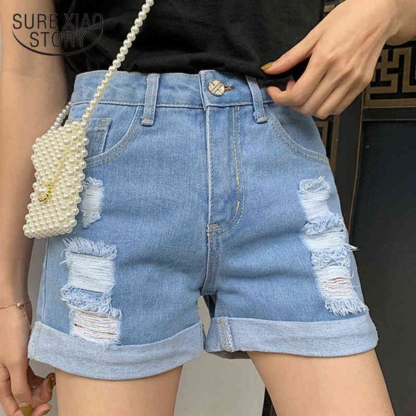 

summer blue vintage casual short jeans ladies high-waist crimping denim shorts korean hole wild pants women 9354 50 210415, White;black