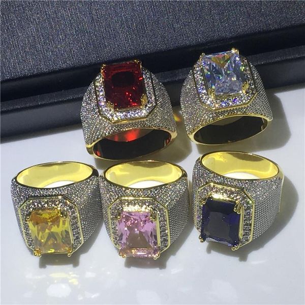 Anéis de cluster luxo grande macho roxo amarelo anel geométrico zircon engajamento de pedra 18k grande casamento para homens