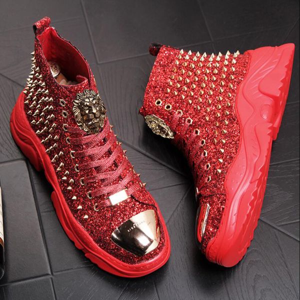 Botas Chaussure homme luxe marque rebite Sapatos masculinos de grife tênis masculino punk cano alto dourado vermelho claro sapato plataforma casual zapatillas hombre P4