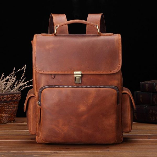 

backpack crazy horse leather shoulder bag handmade genuine lapcowhide travel