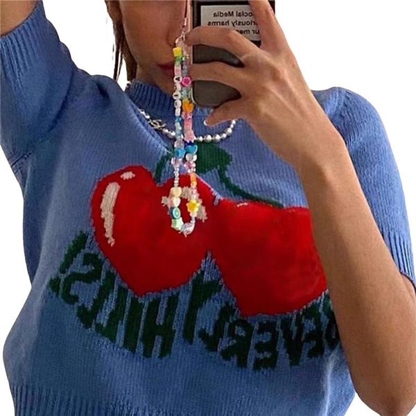 

women's t-shirt xingqing y2k clothes women tee casual cherry print short sleeve knitted summer harajuku pullover streetwear, White