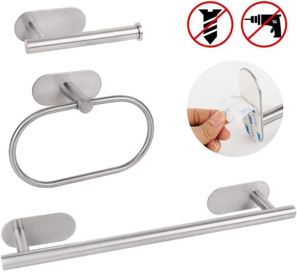 

bath accessory set 3-piece stainless steel bathroom hardware adhesive towel bar set-towel rod, toilet paper holder, ring