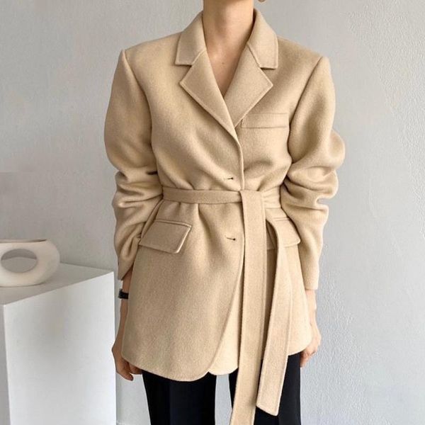 

women's wool & blends [ewq] korean chic autumn winter lapel single breasted bandage waist closing warm long sleeve short coat women 202, Black