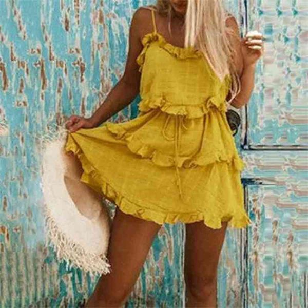 Summer Holiday Beach Donna Lovely Mini Abiti Spaghetti Strap Stringy Cimossa Lace-up Giallo Moda Viaggi Abiti sexy 210517