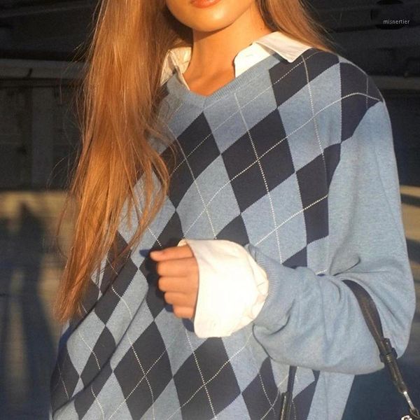 

women autumn argyle plaid oversized knitted women's sweater vest preppy style jumpers v neck casual 90s blue pullover knitwear sweaters, White;black