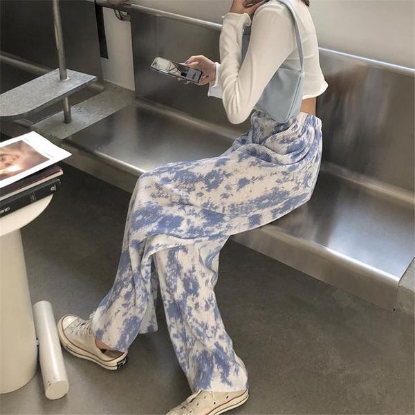 

casual tie-dye pants women fashion high waist straight pleated loose thin drape mopping trousers women's & capris, Black;white