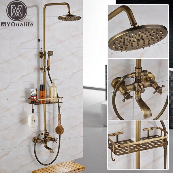

antique brass wall mounted bathtub shower set faucet dual handle with commodity shelf long spout bathroom mixers rainfall sets