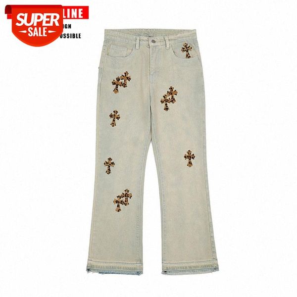 

tkpa cross embroidered jeans hip hop vibe micro horn loose trousers for men and women #rd5k, Blue