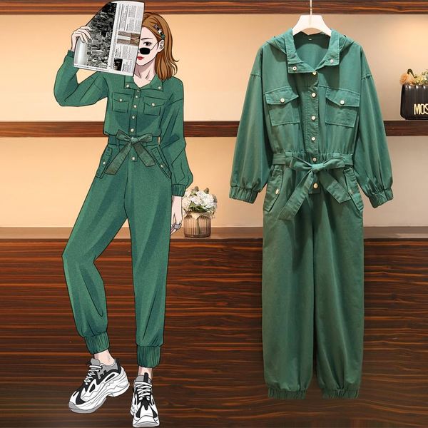 

women's jumpsuits & rompers plus size 2 piece set women 2021 spring loose overalls jumpsuit fashion hooded pocket high waist office bel, Black;white