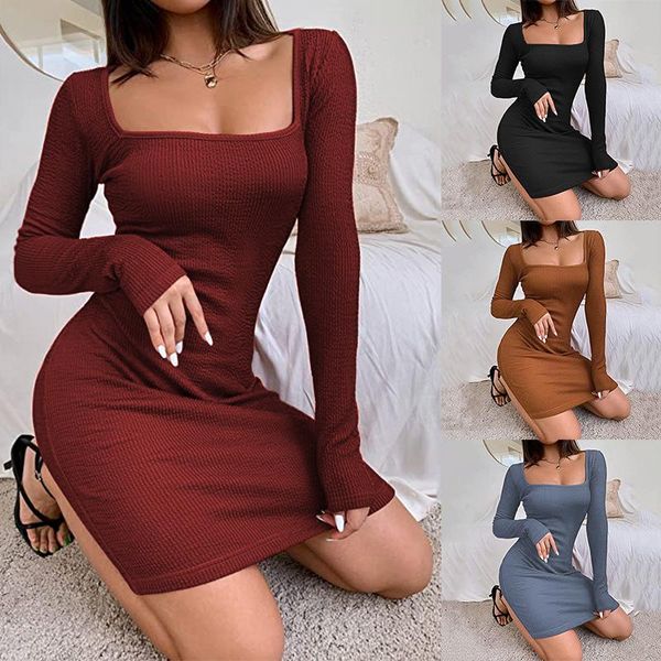 

casual dresses women luxury square neck long sleeve bodycon min party dress, Black;gray