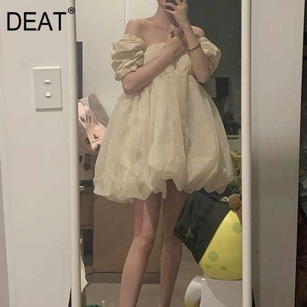 

[deat] new summer fashion women square collar short lantern sleeves high waist pullover mesh cute girl's dress wr864412l 210428, Black;gray