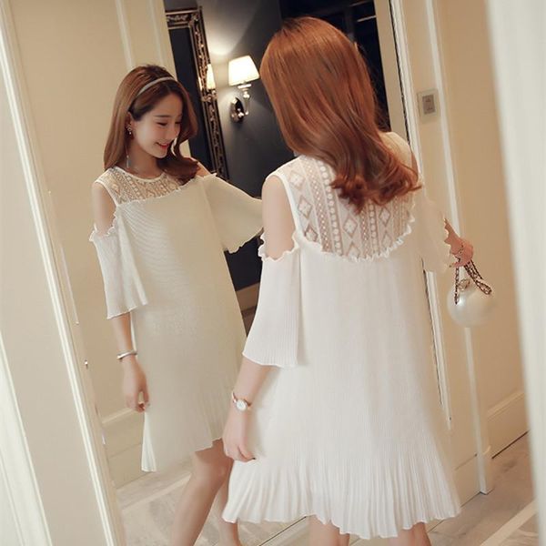 

maternity dresses pregnant woman clothes leakage shoulder splicing chiffon short sleeves dress pleated lace, White