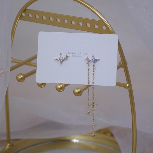 

14k real gold fashion jewelry crystal star exquisite asymmetric long earrings for woman holiday party elegant zircon earring stud, Golden;silver