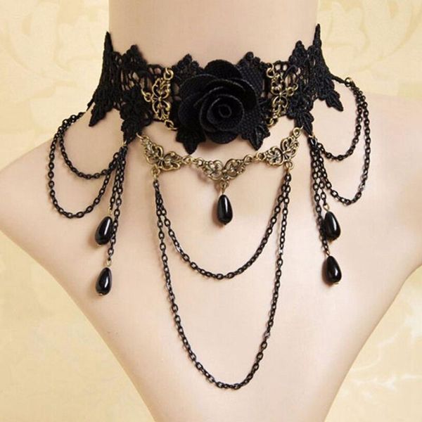 

chokers 1pc gothic jewelry false collar statement necklace nice women black fabric rose flower beads pendant choker lace, Golden;silver