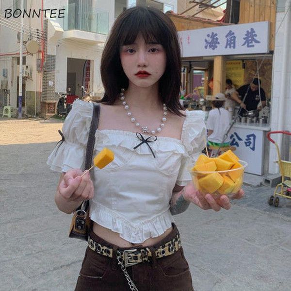 

women's blouses & shirts white women french sleeve cropped ruffles all-match ins daily korean retro slim ulzzang female coll
