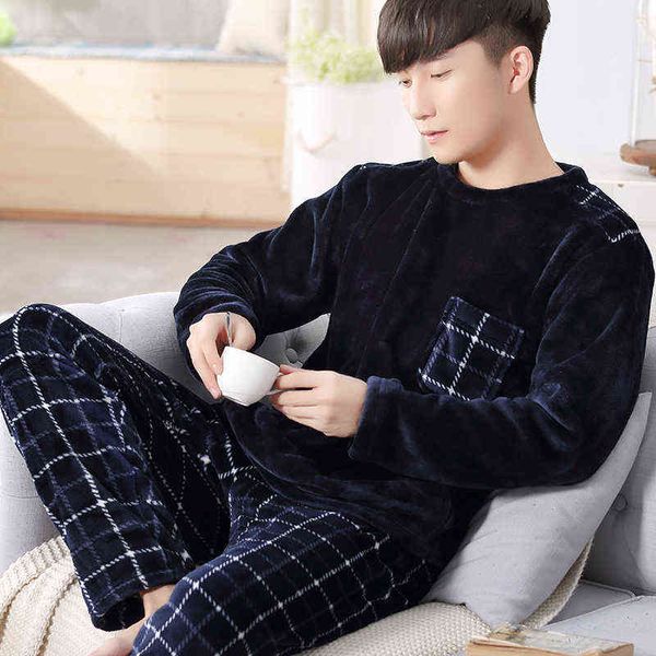 

thicken flannel men's pajamas two piece fashion print feather home clothes loose soft homewear pajamas warm winter 2pieces/set 211111, Black;brown