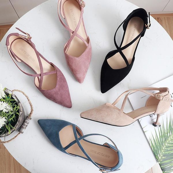 

dress shoes 5cm high heels woman cross-tied flock pointed toe thin pumps female nude elegant sandals party wedding, Black