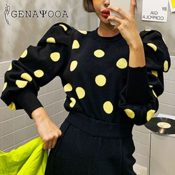 

genayooa korean chic women stylish autumn winter puff sleeve pullover sweater dot women's knitwear jumper lady 210417, White;black
