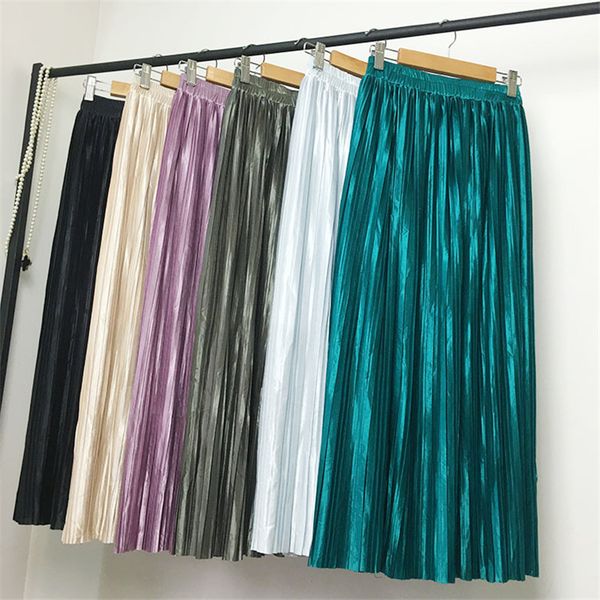 

casual dresses spring long pleated skirts womens fashion metallic shine draped elastic high waist women 0wqs, Black;gray